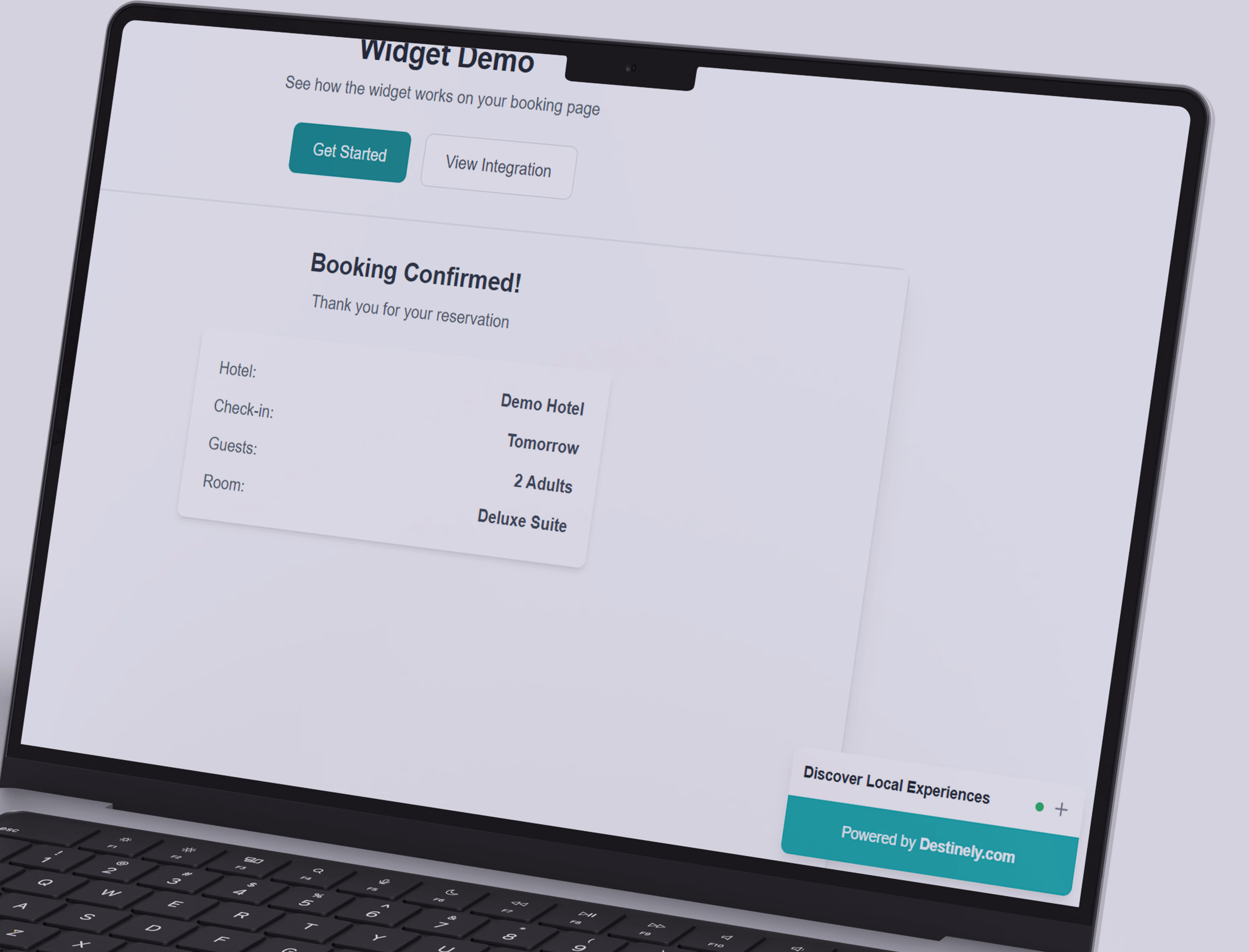 Destinely booking widget appearing on hotel booking confirmation page with local experience recommendations