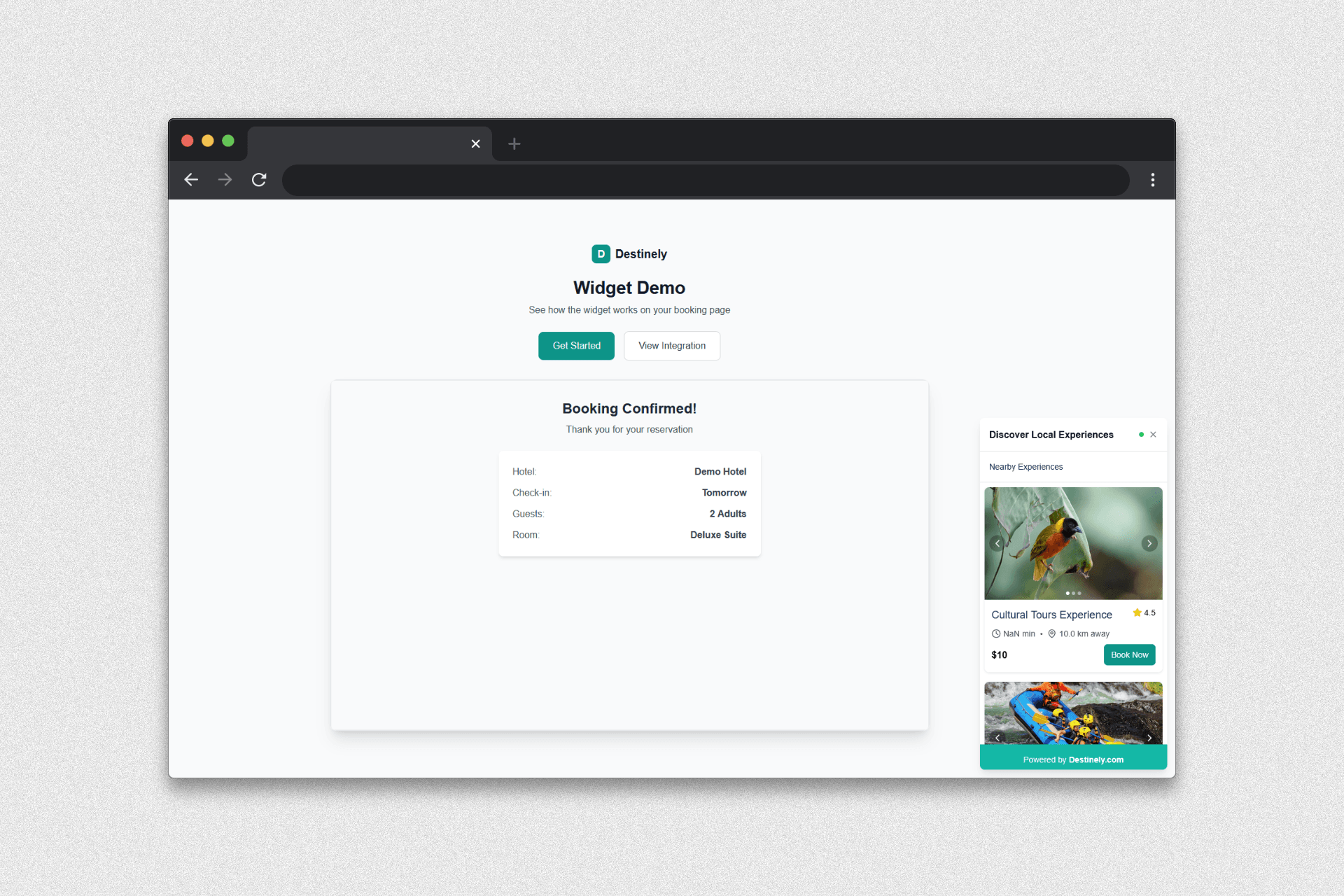 Widget open showing experiences for booking