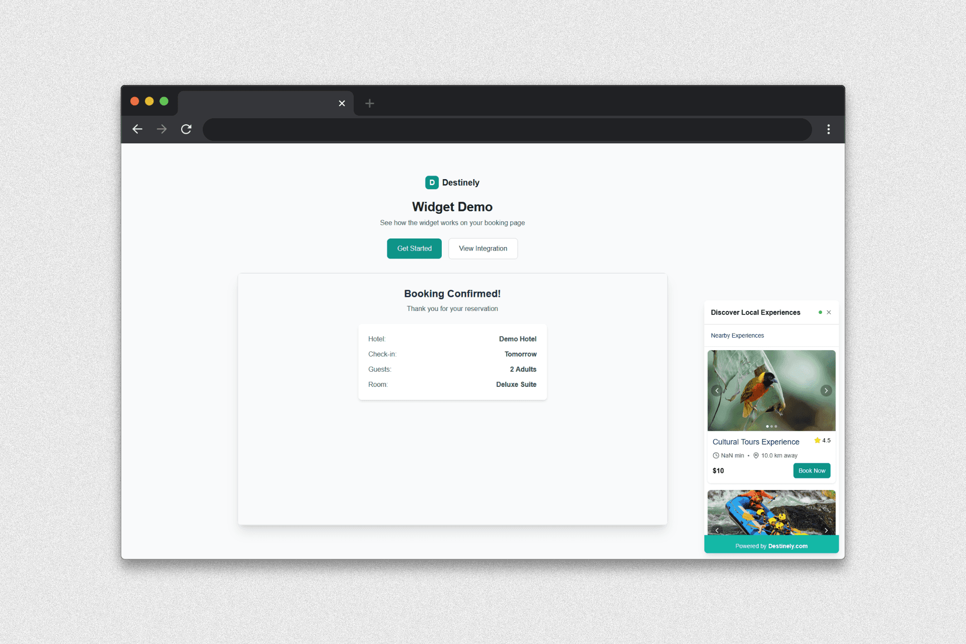 Destinely widget showing experiences to hotel guests