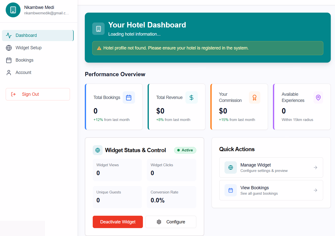 Hotel dashboard with the Widget tab, bookings, and earnings