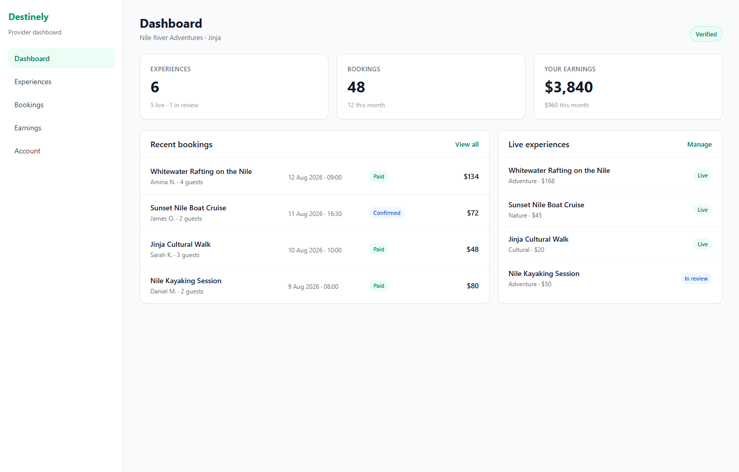 Provider dashboard with listings, bookings, and earnings